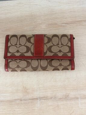 Coach Signature Canvas Trifold Wallet in Brown and Red